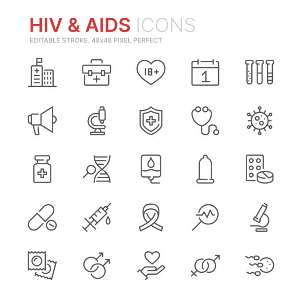 stockillustraties, clipart, cartoons en iconen met verzameling van hiv en aids lijn iconen. 48x48 pixel perfect. bewerkbare lijn - condoom