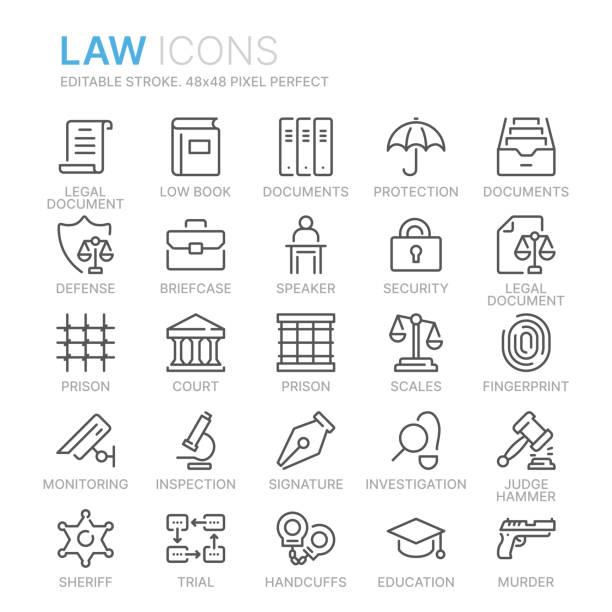 zbiór ikon linii prawa i sprawiedliwości. 48x48 pixel perfect. edytowalny obrys - bank symbol computer icon courthouse stock illustrations