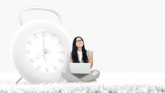 Young Woman and modern clock surprised by good unbelievable news, Feeling successful time and feeling happy. minimal idea concept, 3d render.