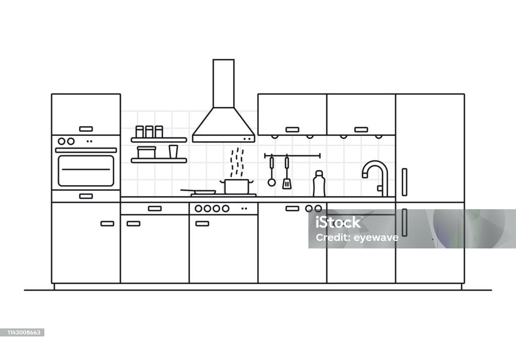 Kitchen Interior Line Art Vector Illustration Stock Illustration ...