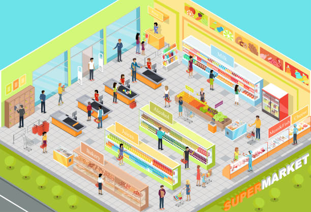 ilustrações de stock, clip art, desenhos animados e ícones de supermarket interior isometric projection vector - supermercado 3d