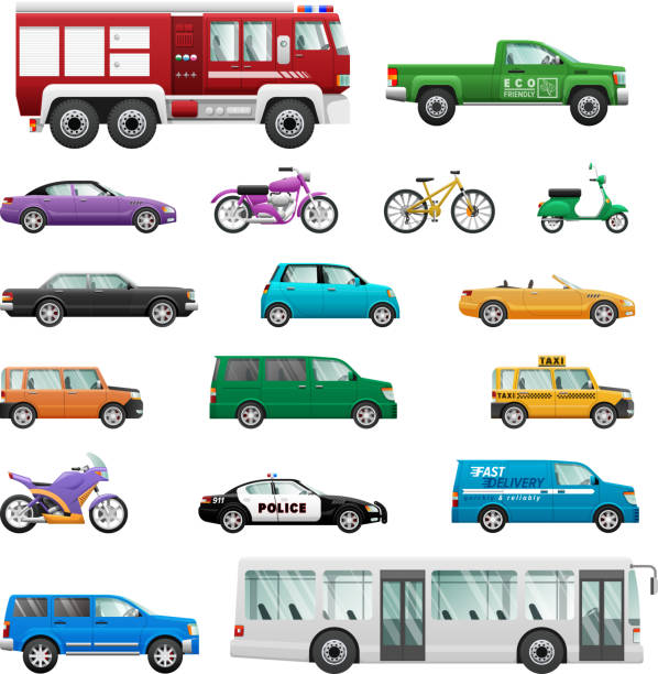 большой комплект колесного транспорта в плоском дизайне. - bicycle pick up truck icon set computer icon stock illustrations