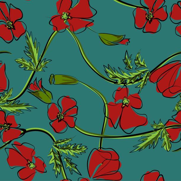 ilustraciones, imágenes clip art, dibujos animados e iconos de stock de amapolas rojas sobre un fondo verde. patrón floral sin costuras con grandes flores brillantes. ilustración de vector de verano para impresión textil, tela, papel de envolver. - n64