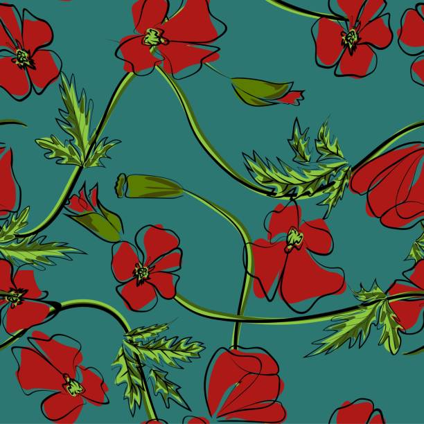 ilustrações de stock, clip art, desenhos animados e ícones de red poppies on a green background. floral seamless pattern with big bright flowers. summer vector illustration for print textile,fabric,wrapping paper. - n64