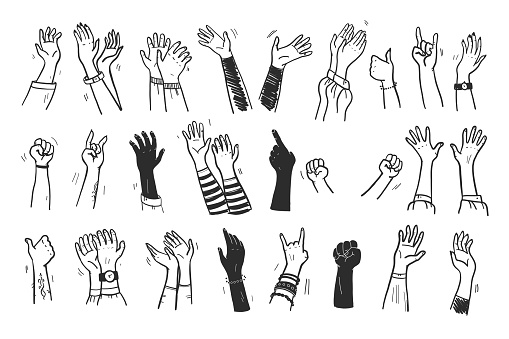 Vector collection of human hands up, gestures, thumb up, greeting, applause so on isolated on white background. Hand drawn, flat, sketch style. For cards, advertising, banners, invitations, tags etc.