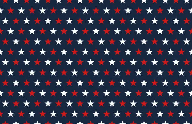 Vector illustration of Red and white stars decorative seamless pattern on blue background.