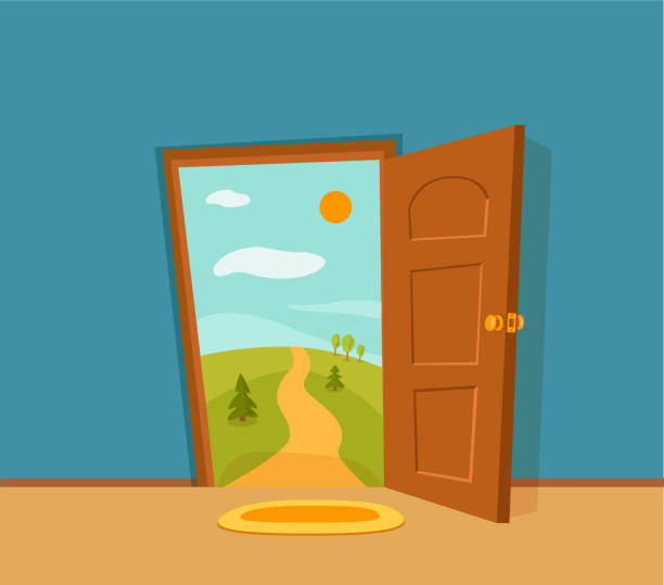 istock Open door cartoon colorful vector illustration with valley summer sun landscape with road, trees green field. House apartment entrance corridor flat design. Home exit interior view freedom concept. 1143016642