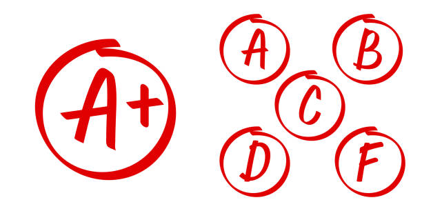 школьный класс результаты вектор значки. буквы и плюс оценки знаков в красном круге - letter f stock illustrations