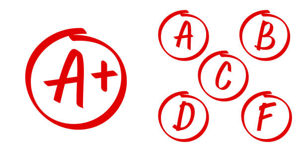 School grade results vector icons. Letters and plus grades marks in red circle vector art illustration
