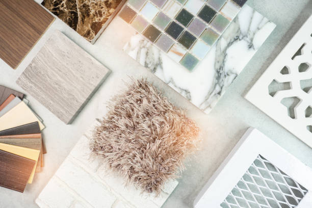 istock Samples of material, wood , on concrete table.Interior design select material for idea. Decoration idea concept . 1143018975
