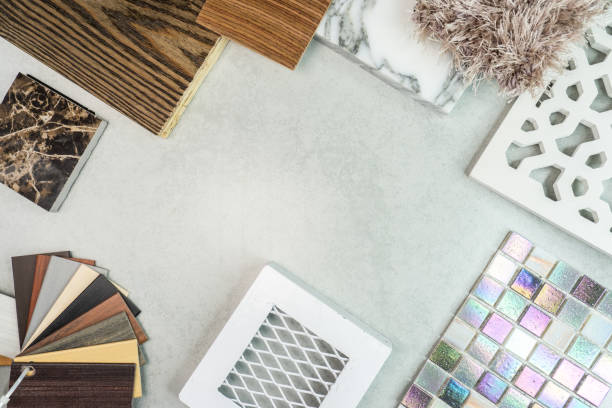 istock Samples of material, wood , on concrete table.Interior design select material for idea. Decoration idea concept . 1143019070