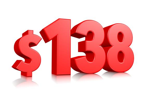 istock 138$ One hundred thirty-eight price symbol. red text 3d  render with dollar sign on white background 1143020791