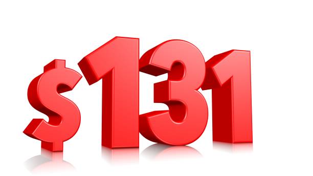 istock 131$ One hundred thirty one price symbol. red text 3d  render with dollar sign on white background 1143020792
