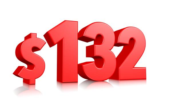 istock 132$ One hundred thirty two price symbol. red text 3d  render with dollar sign on white background 1143020800