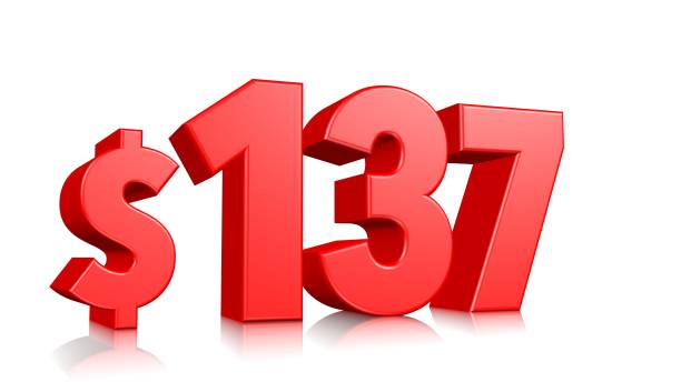 istock 137$ One hundred thirty seven price symbol. red text 3d  render with dollar sign on white background 1143020802