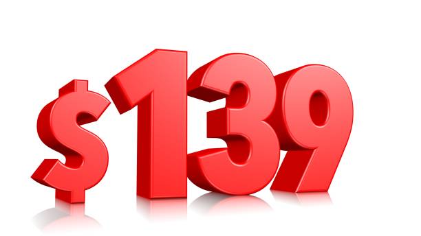 istock 139$ One hundred thirty-nine price symbol. red text 3d  render with dollar sign on white background 1143020807