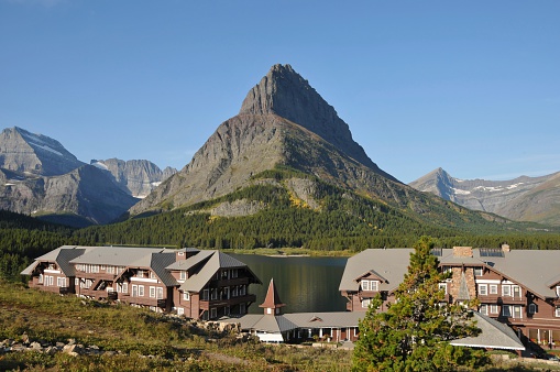 Many Glacier Hotel was built in 1914 and is situated on the shore of Swiftcurrent Lake with Mount Grinnell in the background,Glacier National Park,Montana,USA.