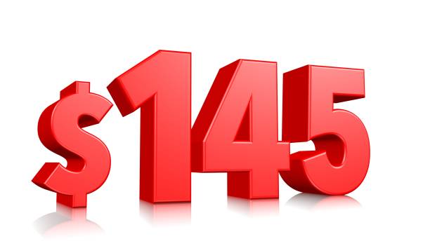 istock 145$ One hundred forty five price symbol. red text 3d  render with dollar sign on white background 1143023824