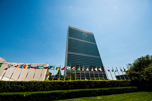 A picture of the United Nations building on the East Side of Manhattan in New York City along the banks of the East River. \n\nThe building was designed by the architect Wallace Harrison, and is where the General Assembly and the Security Council of the United Nations meet.  It has served as the headquarters of the United Nations since 1952.\n\nThe site where these headquarters of the UN was built was bought and donated by Nelson Rockerfeller.