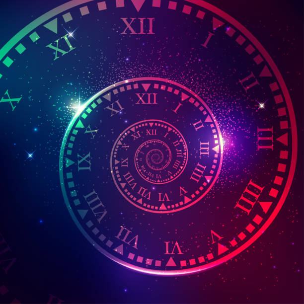 time machine concept of space of time in the universe, spiral clock with galaxy star background fortune telling machine stock illustrations