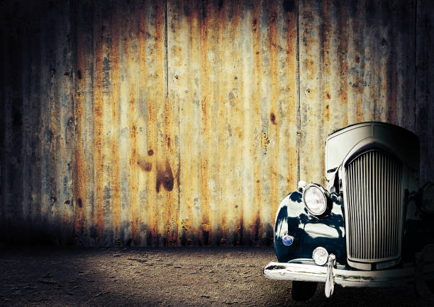 istock Antique car exposed on rustic metal background. Front view 1143027666