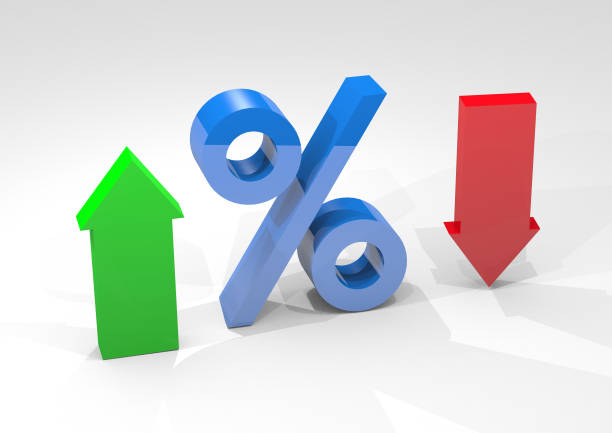 istock Percentage interest with arrows indicating high and low percentages isolated on white background. Financial Market Concept 1143027872