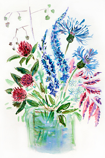 Figure illustration of a bouquet of meadow wildflowers in a vase on a white isolated background.