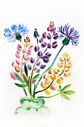 Figure illustration of a bouquet of meadow wildflowers in a vase on a white isolated background.