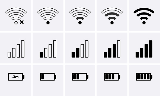 Phone bar status Icons, battery Icon, wifi signal strength. Vector for mobile phone