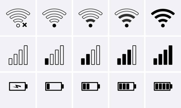 Phone bar status Icons, battery Icon, wifi signal strength Phone bar status Icons, battery Icon, wifi signal strength. Vector for mobile phone radio wave stock illustrations
