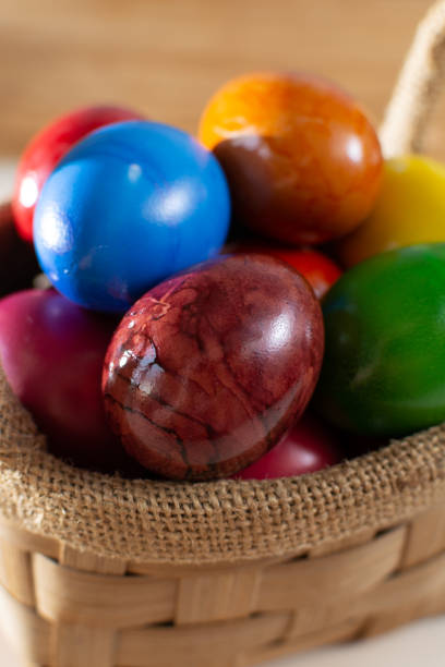 istock Cooked chicken eggs for Ester celebration dinner, colorful painted with organic paint ready to eat 1143029945