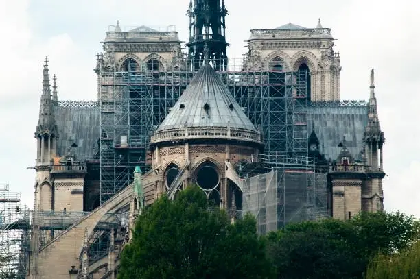 Photo of Rear of Notre Dame cathedral with renovation works and scaffolding days before fire