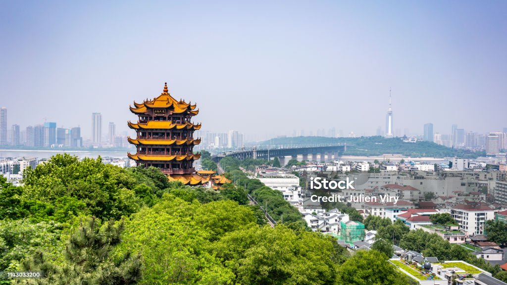Scenic view of the Yellow crane tower and Yangtze Great bridge the emblematic landmark of Wuhan Hubei China Wuhan Stock Photo