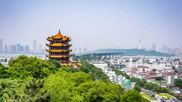 Scenic view of the Yellow crane tower and Yangtze Great bridge the emblematic landmark of Wuhan Hubei China