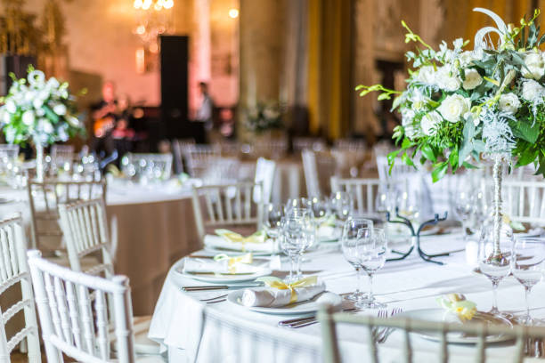 istock Wedding table setting with bouquets of flowers. 1143033672