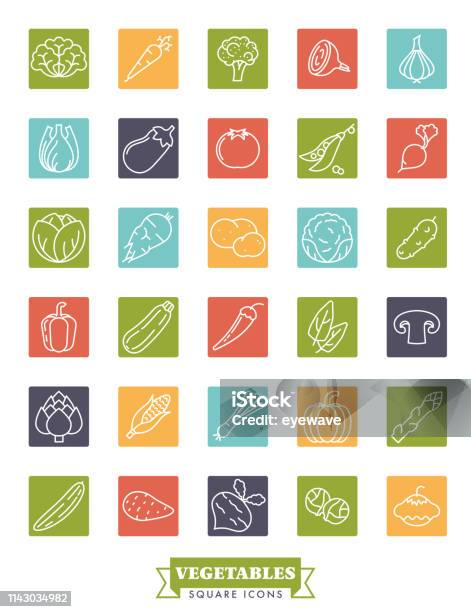 Healthy Vegetables Square Icon Vector Set Stock Illustration - Download Image Now - Corn On The Cob, Artichoke, Asparagus