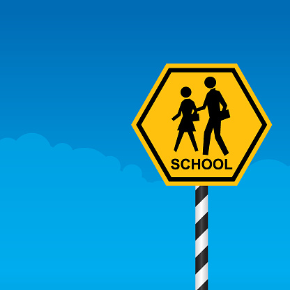 Vector of School Zone Crossing Sign with blue sky background.