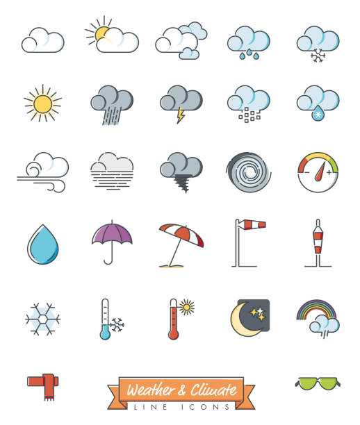 illustrations, cliparts, dessins animés et icônes de météo et météorologie rempli des icônes vectorielles de ligne - barometer heat thermometer sun