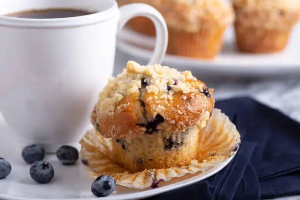 Closeup of a blueberry muffin with a cup of coffee and blueberries on a plate with muffins in background