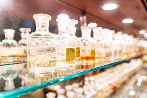 Perfume bottles in a row.