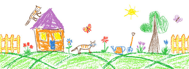istock Summer garden or village seamless border. Gardening tools and funny doodle tabby cat. Like child hand drawing outdoor copy space. 1143036760