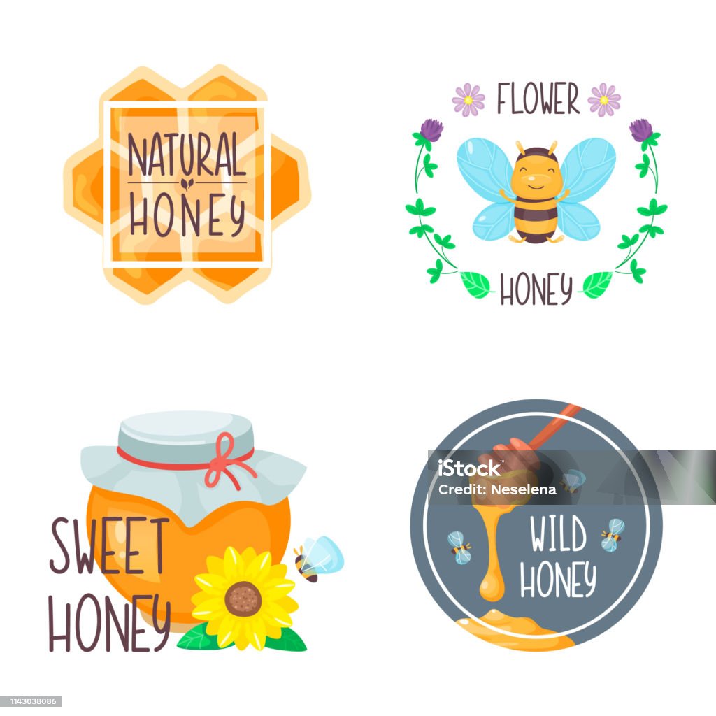 Honey compositions for food design with bees and flowers, honeycomb and jar. Vector cartoon flat illustration. Agriculture stock vector