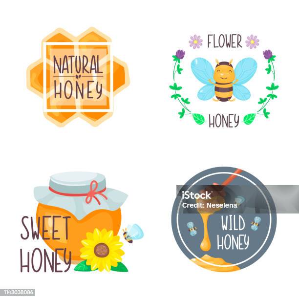 Honey Compositions For Food Design With Bees And Flowers Honeycomb And Jar Vector Cartoon Flat Illustration Stock Illustration - Download Image Now