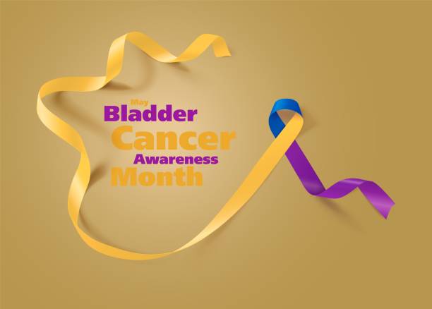 istock Bladder Cancer Awareness Calligraphy Poster Design. Realistic Marigold And Blue And Purple Ribbon. May is Cancer Awareness Month. Vector 1143039635