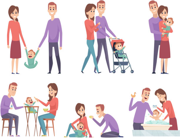 ilustrações de stock, clip art, desenhos animados e ícones de family couples. love mother and father playing with their little kids happy mom dad parents vector illustrations - family cartoon child little girls