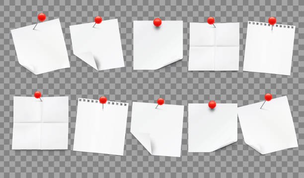 istock Set of white realistic notes with red pins on gray transparent background. 1143040062