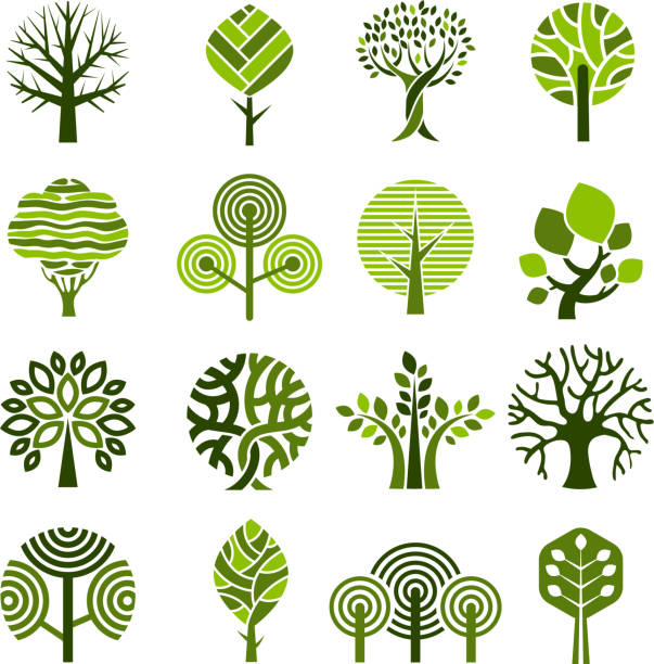 트리 배지. 추상적인 그래픽 자연 에코 사진 간단한 성장 식물 벡터 엠 블 럼 - computer graphic leaf posing plant stock illustrations