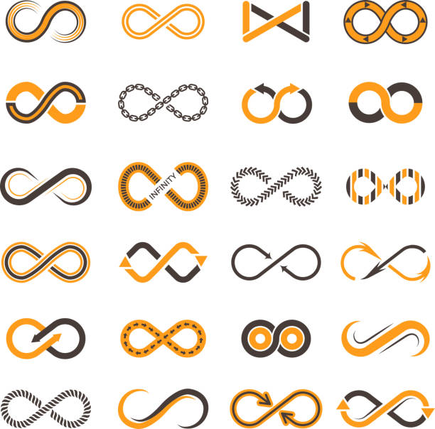 Infinity icons. Contouring shapes of eternity vector two-color symbols Infinity icons. Contouring shapes of eternity vector two-color symbols. Illustration of infinity and eternity figure, dynamic chain continual continuity stock illustrations