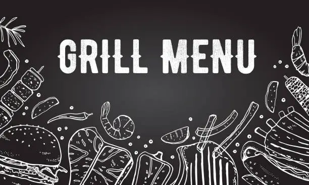 Vector illustration of Menu cover design template. Grill and barbecue food. Outline vector hand drawn sketch illustration