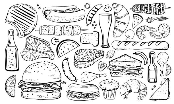 illustrations, cliparts, dessins animés et icônes de jeu de pique-niquer, grill et barbecue. contour dessiné à la main illustration de croquis vectoriel - sandwich sketch cartoon line art